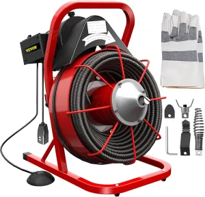 VEVOR Drain Cleaner Machine 75Ft x 1/2Inch, 370W Drain Cleaning Machine Fits 1 Inch (25mm) to 4 Inch(100mm) Pipes, Portable Electric Drain Auger Cleaner with 8 Cutters, Gloves