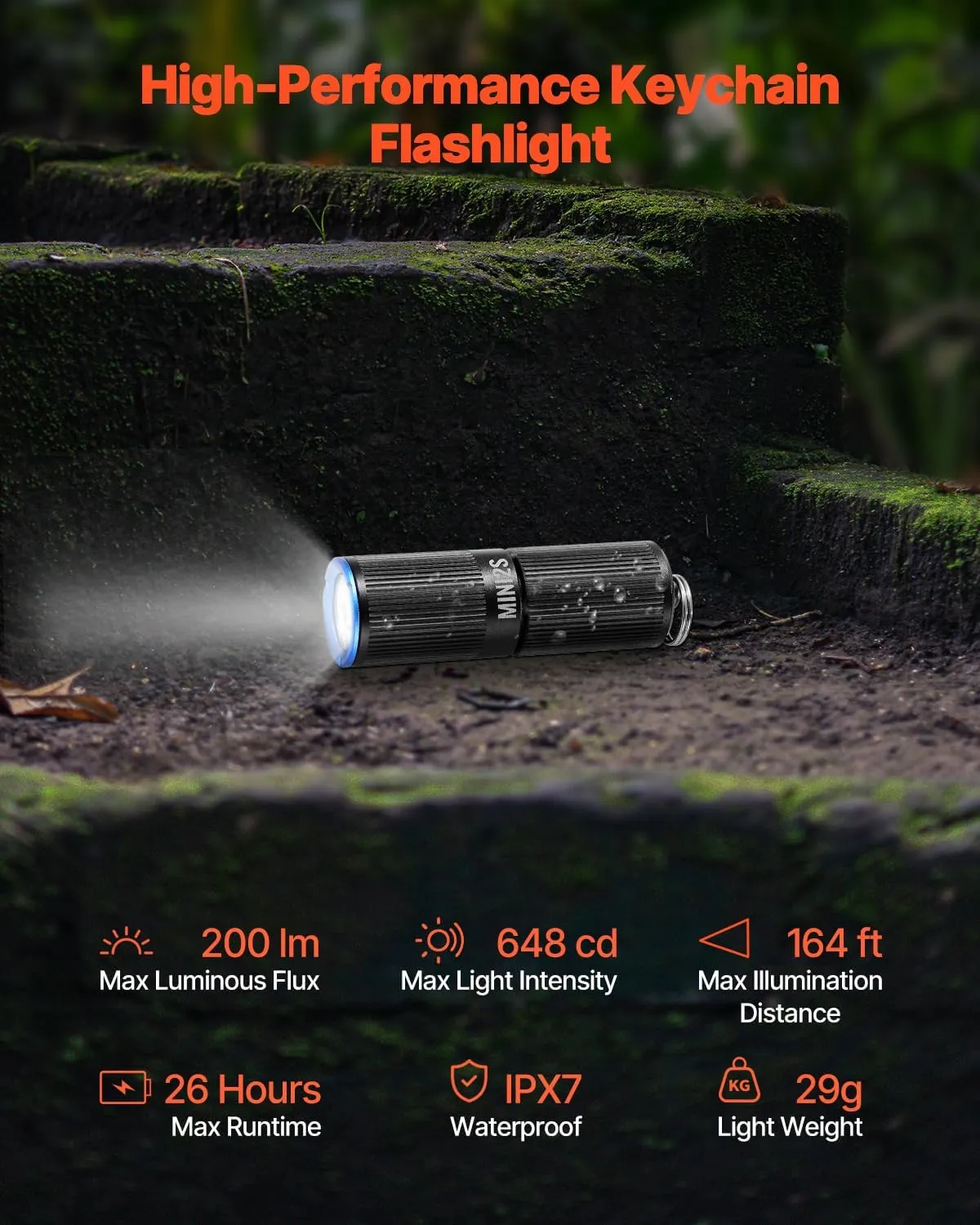 VEVOR Keychain Flashlight, Rechargeable Mini LED Flashlight, 200 High Lumens Pocket-Sized Flashlight with 2 Lighting Modes, IPX7 Waterproof Portable Flashlight for Everyday Carry, Camping, Emergencies