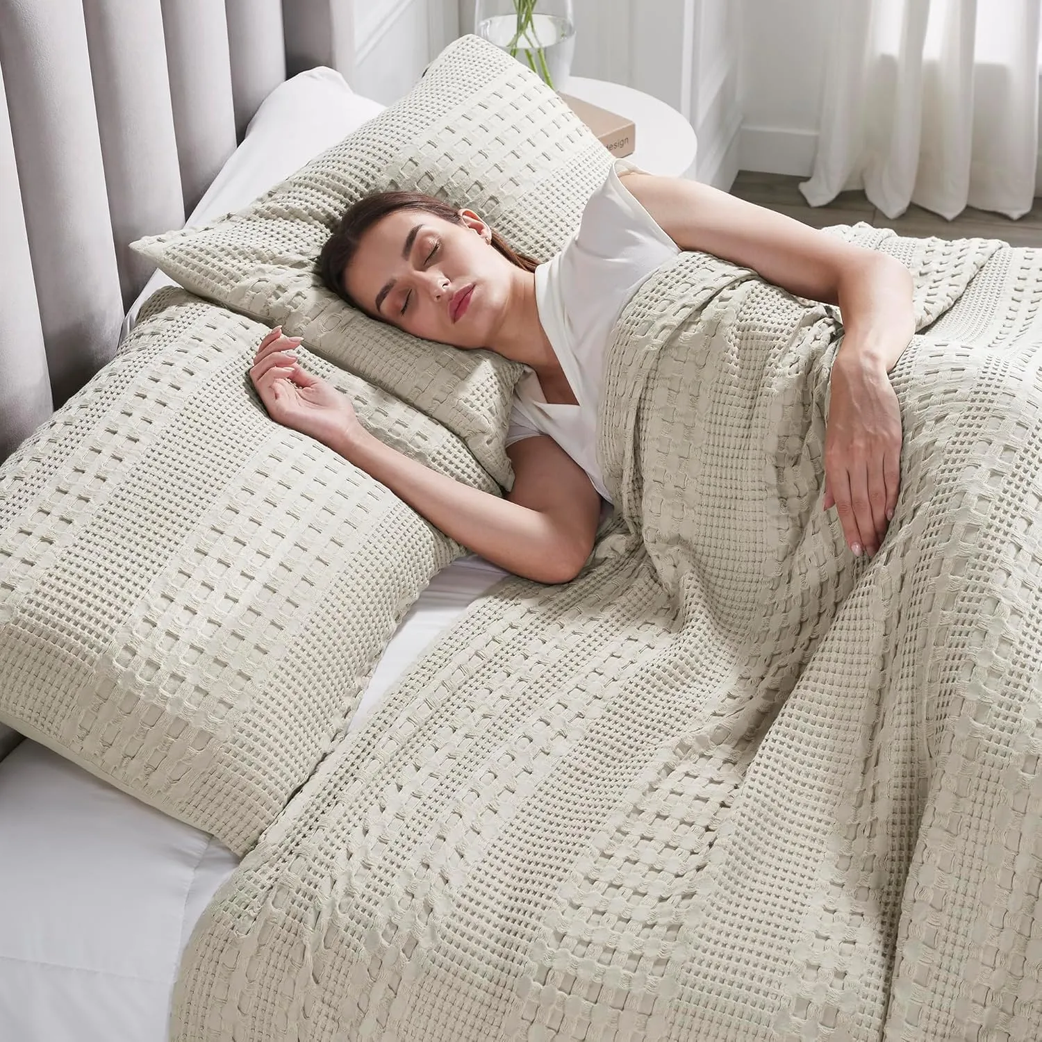 VHC Brands 100% Cotton Waffle Weave Natural Standard Sham Set of 2 20x26, Decorative Throw Pillow Covers/Shams, Boho Farmhouse Bedroom Decor