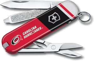Victorinox Classic SD Swiss Army Knife – Compact 7 Function Swiss Made Pocket Knife with Small Blade, Screwdriver and Key Ring – Carolina Hurricanes