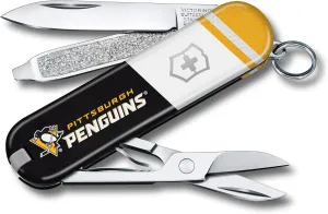 Victorinox Classic SD Swiss Army Knife – Compact 7 Function Swiss Made Pocket Knife with Small Blade, Screwdriver and Key Ring – Pittsburgh Penguins