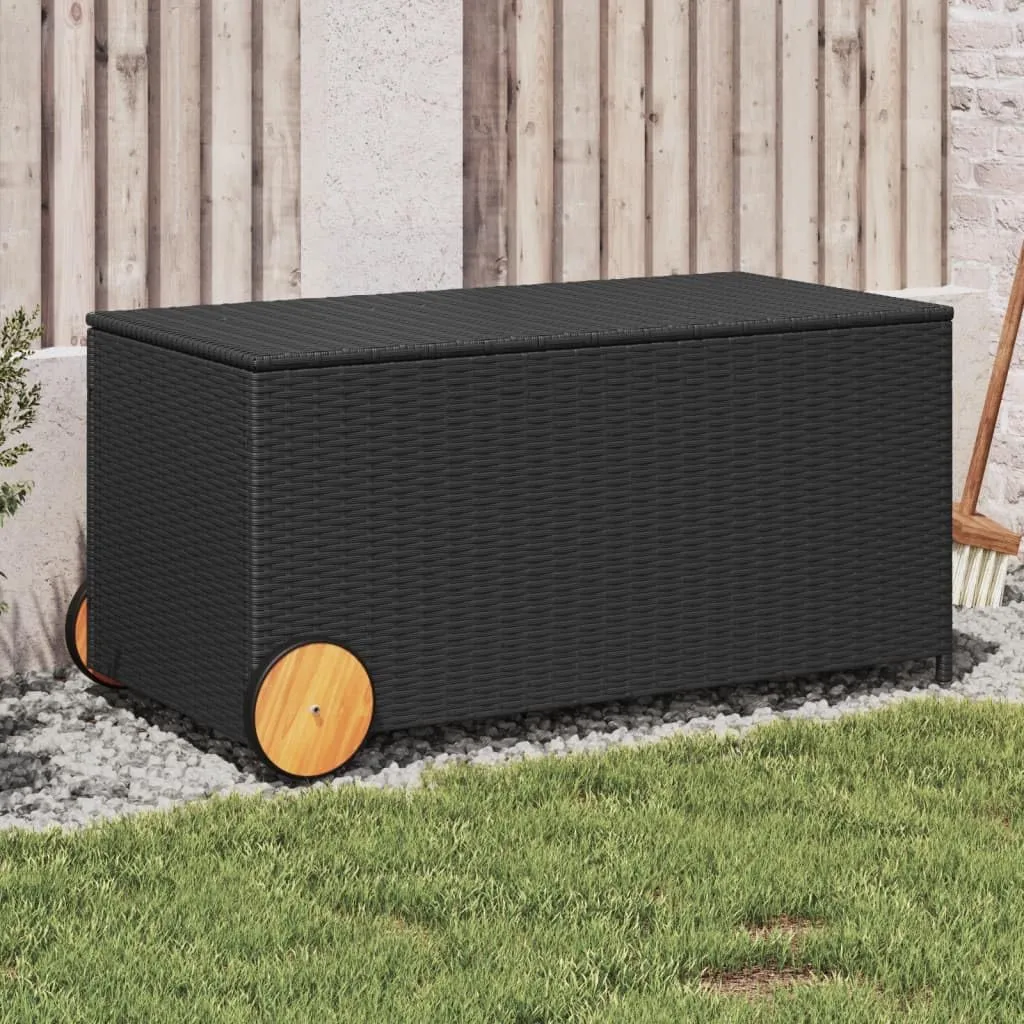 vidaXL Outdoor Poly Rattan Garden Storage Box - Black 50.2 Gal Patio Furniture with Wheels, Water-Resistant Bag, and Gas Spring Lid