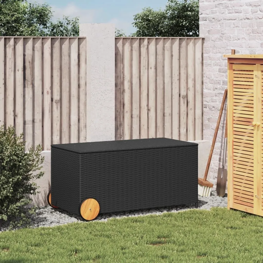 vidaXL Outdoor Poly Rattan Garden Storage Box - Black 50.2 Gal Patio Furniture with Wheels, Water-Resistant Bag, and Gas Spring Lid