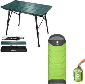 VILLEY Portable Camping Table with Adjustable Legs and Camping Sleeping Bag for Adults Boys and Girls