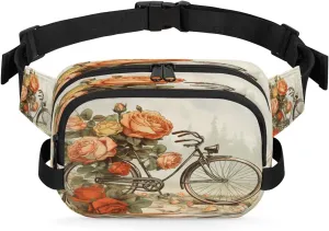 Vintage Bike Rose Waterproof Fanny Pack for Women Men Adjustable Waist Bag with Double Zipper Pockets Lightweight Square Hip Pack for Running Travel Hiking Workout Cycling