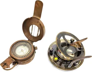 Vintage Maritime Sundial Compass, 3 Inch Brass and Copper, Antique Finish, Military Style Navigation Tool
