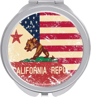 Vintage U.S.A and California State Flag Travel Makeup Mirror 2-Sided 1x 2X Magnification Portable Mini Mirror for Handbag Purse Pocket