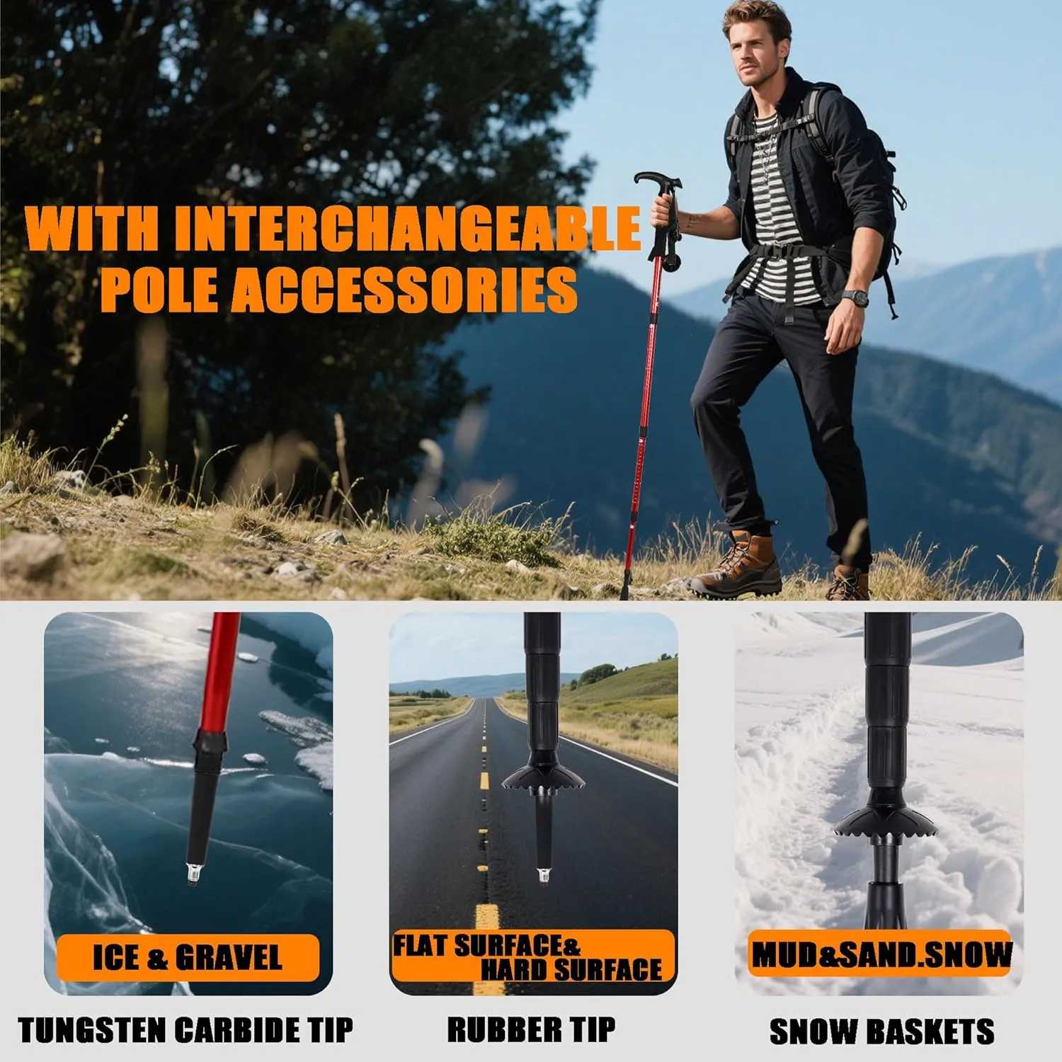 Walking Stick for Hiking, Adjustable Hiking Poles Lightweight for Men, Women and Kids, Walking Canes for Seniors Balance, Aluminum Trekking Poles Use for Travel, Skiing, Hiking, Mountaineering