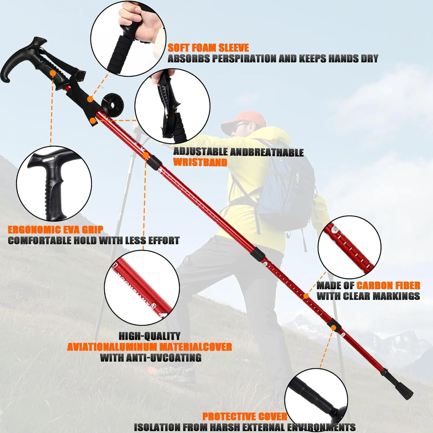 Walking Stick for Hiking, Adjustable Hiking Poles Lightweight for Men, Women and Kids, Walking Canes for Seniors Balance, Aluminum Trekking Poles Use for Travel, Skiing, Hiking, Mountaineering