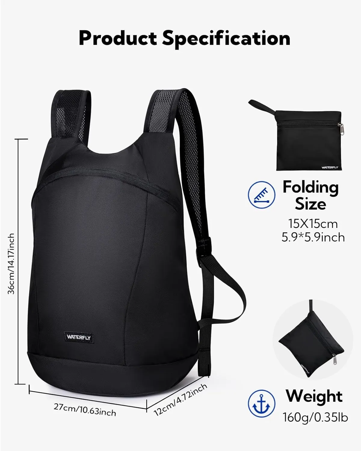 WATERFLY Foldable Lightweight Hiking Backpack: 15L Packable Traveling Daypack Men Women Ultralight Thin Casual Day Pack Bag for Outdoor Sports Camping Beach Park (Black)