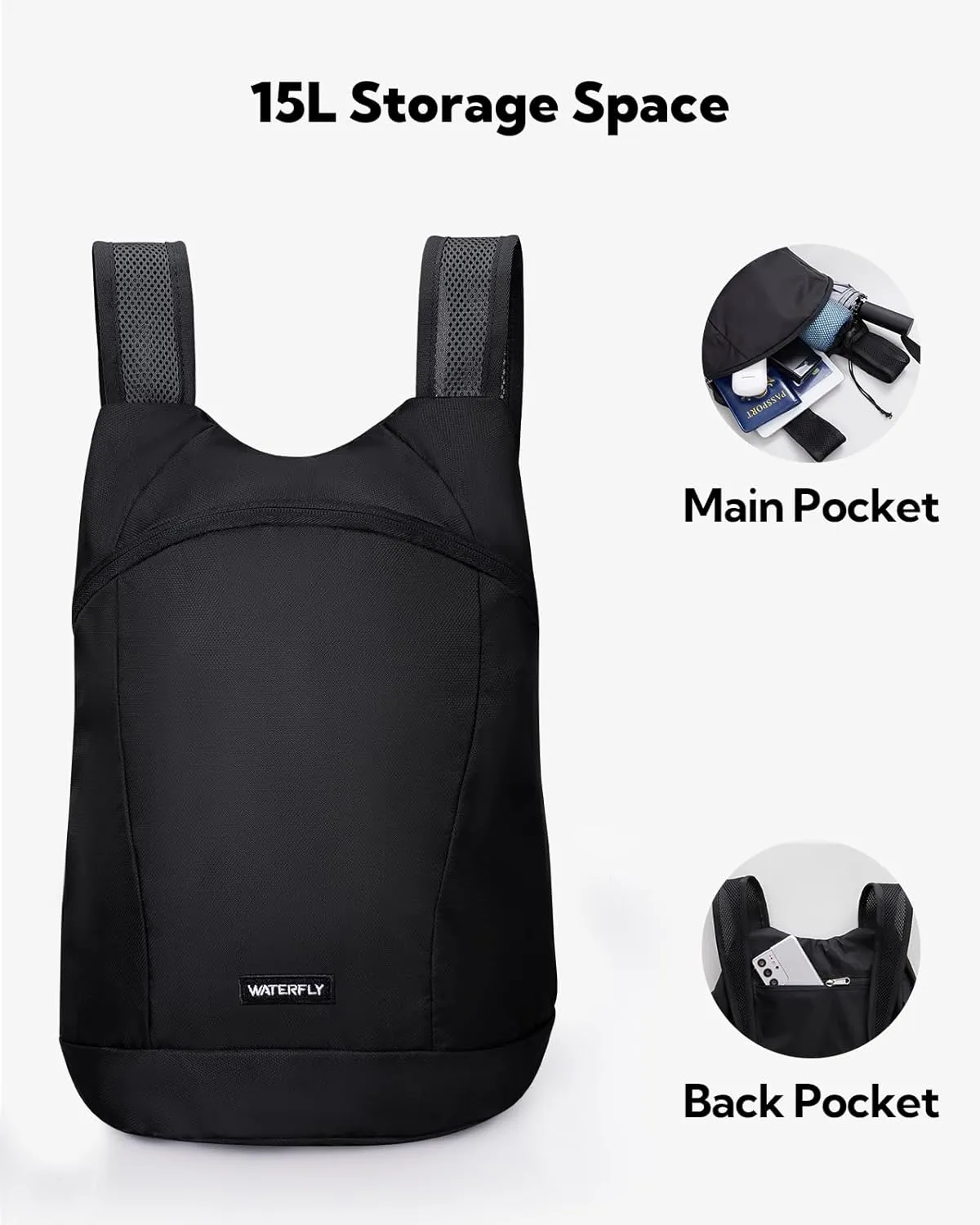 WATERFLY Foldable Lightweight Hiking Backpack: 15L Packable Traveling Daypack Men Women Ultralight Thin Casual Day Pack Bag for Outdoor Sports Camping Beach Park (Black)