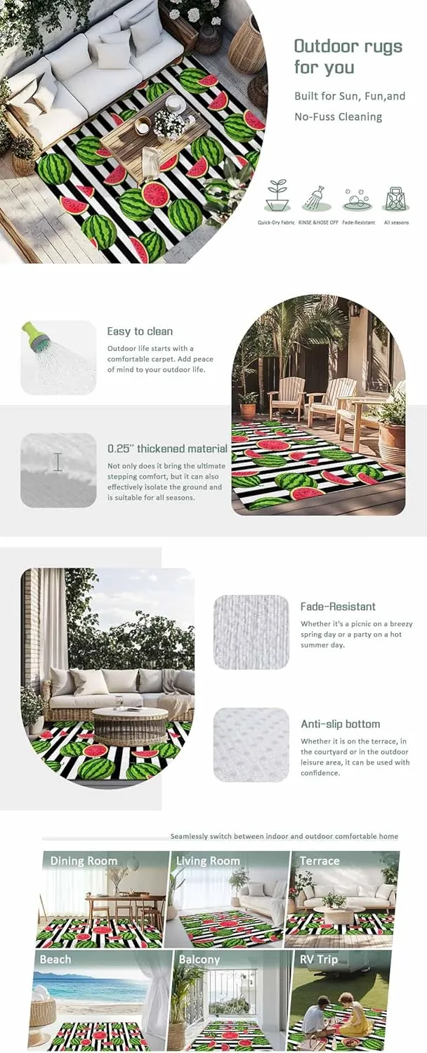 Watermelon Outdoor Patio Rug 5x8ft Large, Washable RV Camping Outside Area Runner Rug Mat, Black White Stripes Country Summer Indoor Outdoor Carpet for Picnic Backyard Deck Porch Balcony Beach