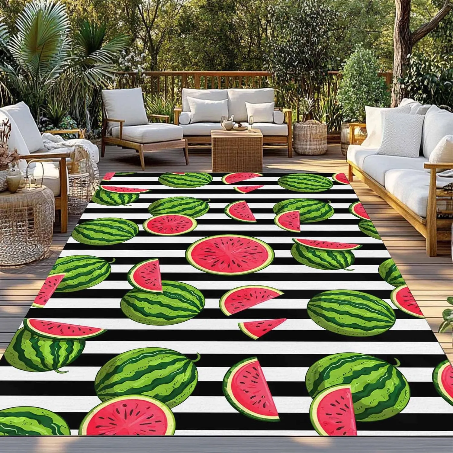Watermelon Outdoor Patio Rug 5x8ft Large, Washable RV Camping Outside Area Runner Rug Mat, Black White Stripes Country Summer Indoor Outdoor Carpet for Picnic Backyard Deck Porch Balcony Beach