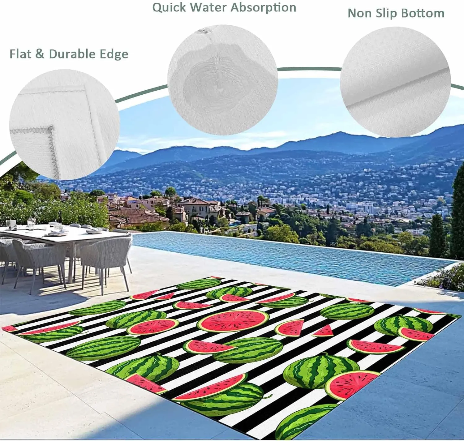 Watermelon Outdoor Patio Rug 5x8ft Large, Washable RV Camping Outside Area Runner Rug Mat, Black White Stripes Country Summer Indoor Outdoor Carpet for Picnic Backyard Deck Porch Balcony Beach