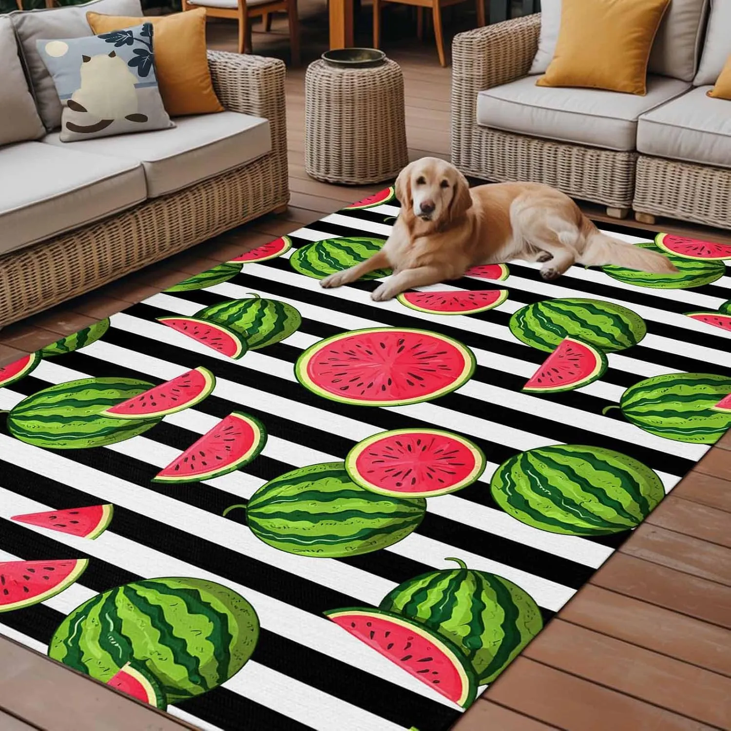 Watermelon Outdoor Patio Rug 5x8ft Large, Washable RV Camping Outside Area Runner Rug Mat, Black White Stripes Country Summer Indoor Outdoor Carpet for Picnic Backyard Deck Porch Balcony Beach