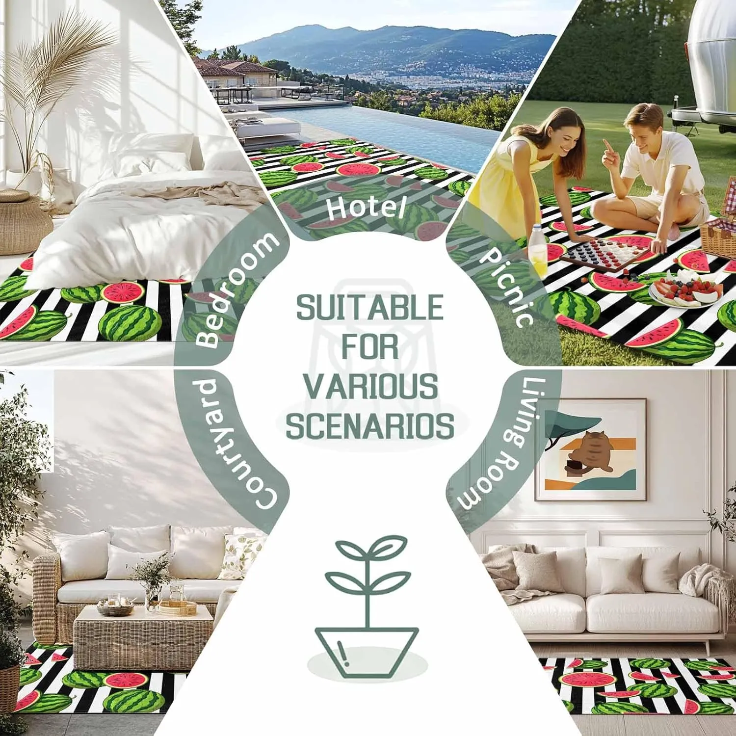 Watermelon Outdoor Patio Rug 5x8ft Large, Washable RV Camping Outside Area Runner Rug Mat, Black White Stripes Country Summer Indoor Outdoor Carpet for Picnic Backyard Deck Porch Balcony Beach