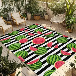 Watermelon Outdoor Patio Rug 5x8ft Large, Washable RV Camping Outside Area Runner Rug Mat, Black White Stripes Country Summer Indoor Outdoor Carpet for Picnic Backyard Deck Porch Balcony Beach