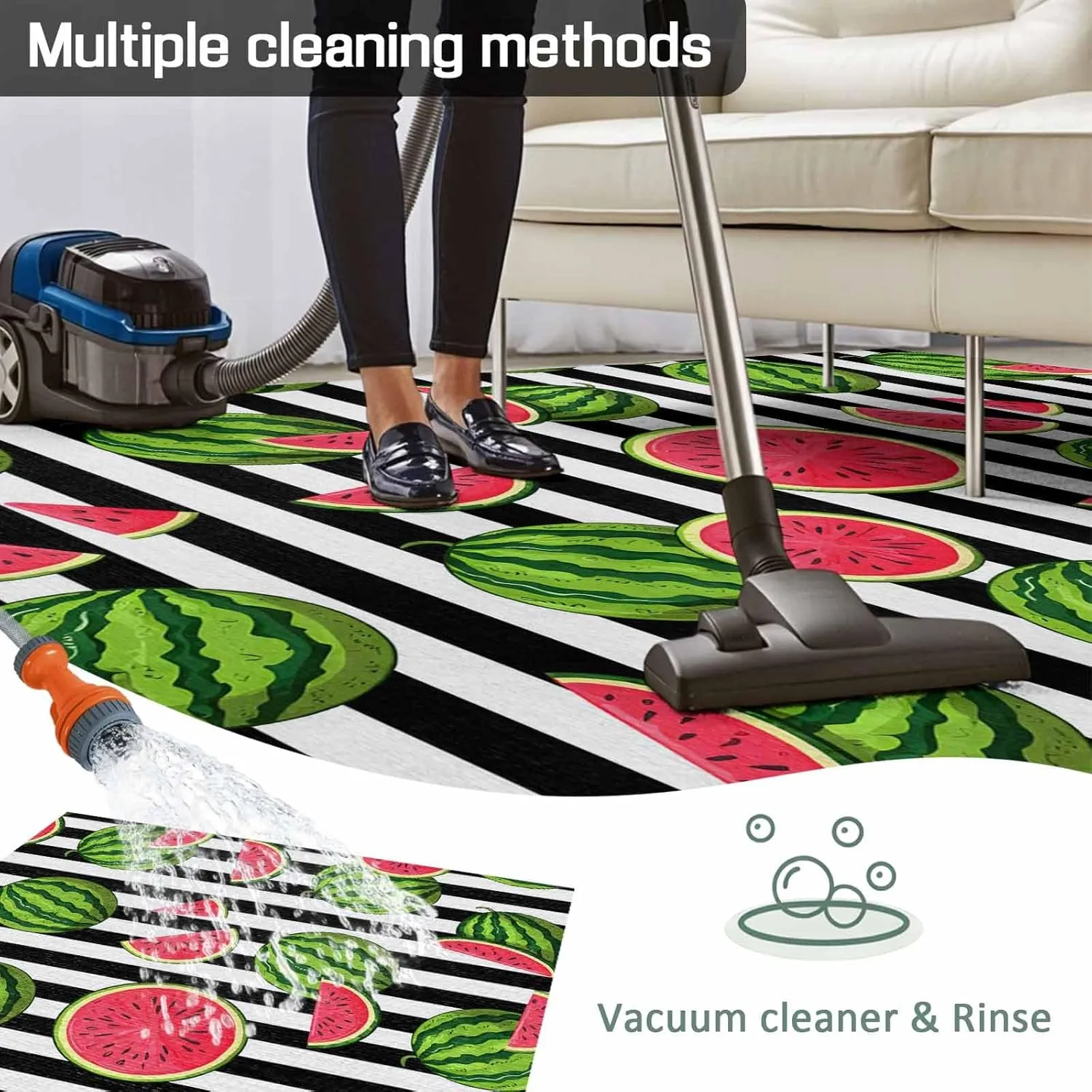 Watermelon Outdoor Patio Rug 5x8ft Large, Washable RV Camping Outside Area Runner Rug Mat, Black White Stripes Country Summer Indoor Outdoor Carpet for Picnic Backyard Deck Porch Balcony Beach