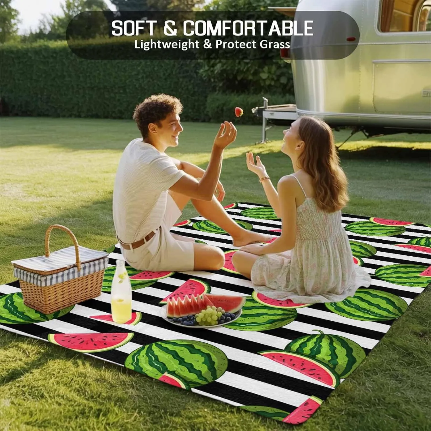 Watermelon Outdoor Patio Rug 5x8ft Large, Washable RV Camping Outside Area Runner Rug Mat, Black White Stripes Country Summer Indoor Outdoor Carpet for Picnic Backyard Deck Porch Balcony Beach