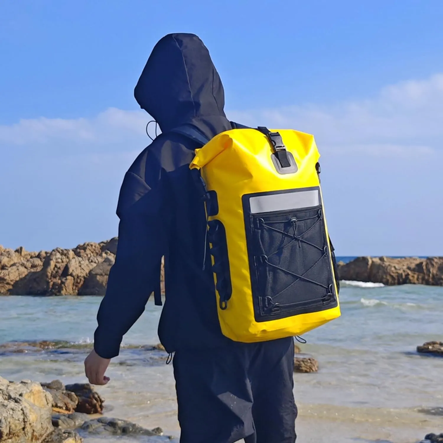 Waterproof Backpack 35 L PVC Lightweight Front Mesh Pocket Dry Bag for Kayaking, Travel, Hiking, Boating,Yellow
