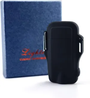 Waterproof USB Rechargeable Electric Lighter Flashlight Double Arc Plasma Lighter Perfect for Outdoors Camping Hiking Traveling BBQ (Black)