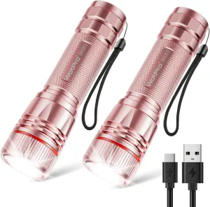 WdtPro Rechargeable Flashlights High Lumens, 2 Pack Super Bright LED Small Tactical EDC Flashlight with 10H Runtime, Portable Flash light for Camping, Home, Emergency Essentials Pink(Battery Included)