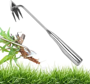 Weed Puller Tool, 2025 Garden Weed Pulling Tool Stand Up Heavy Duty, Stainless Steel Hand Weeder Tool with Handle, 3 Teeths Dual Purpose Manual Weeders Tool for Garden (B)