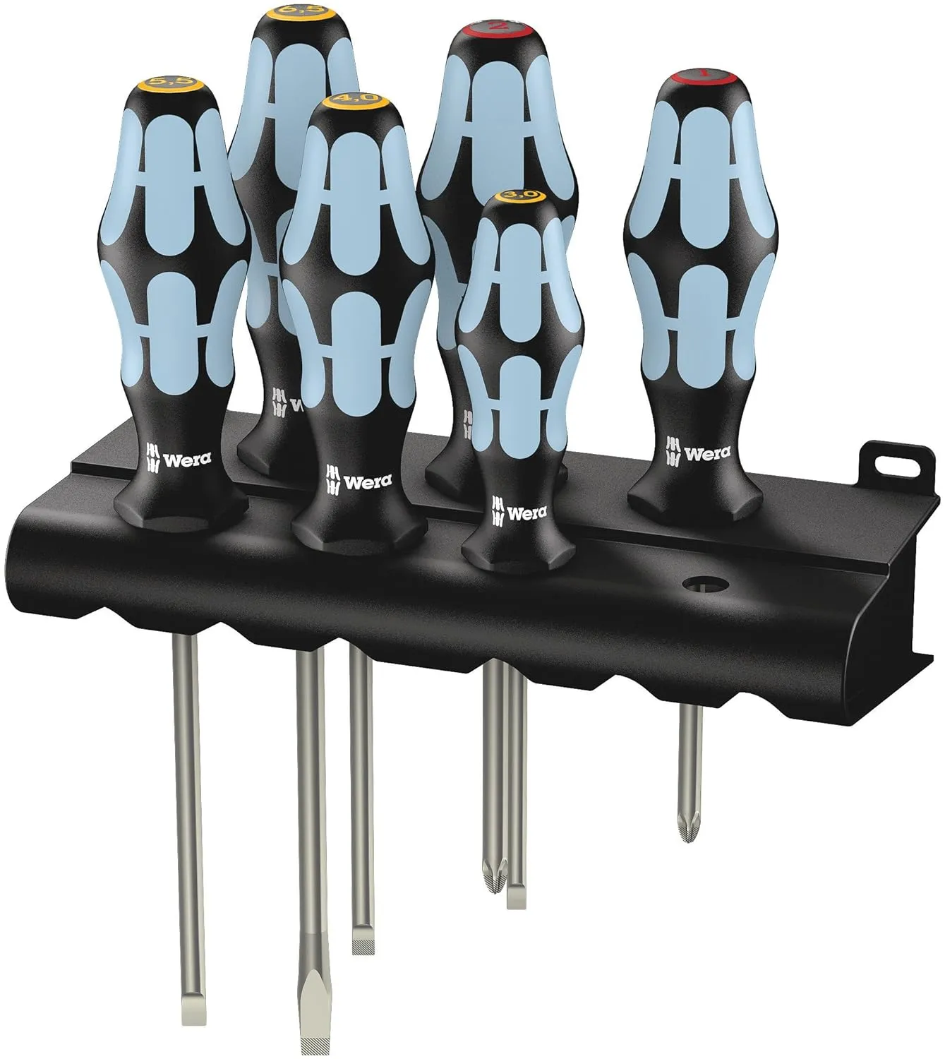 Wera 05032060001 Kraftform Stainless 3334/6 Stainless Steel Slotted/Phillips Screwdriver Set and Rack, 6-Piece,MULTI,Slotted: 6.5x150mm, 3x80mm, 4x100mm, 5.5x125mm. Phillips: PH1x80mm, PH2x100mm