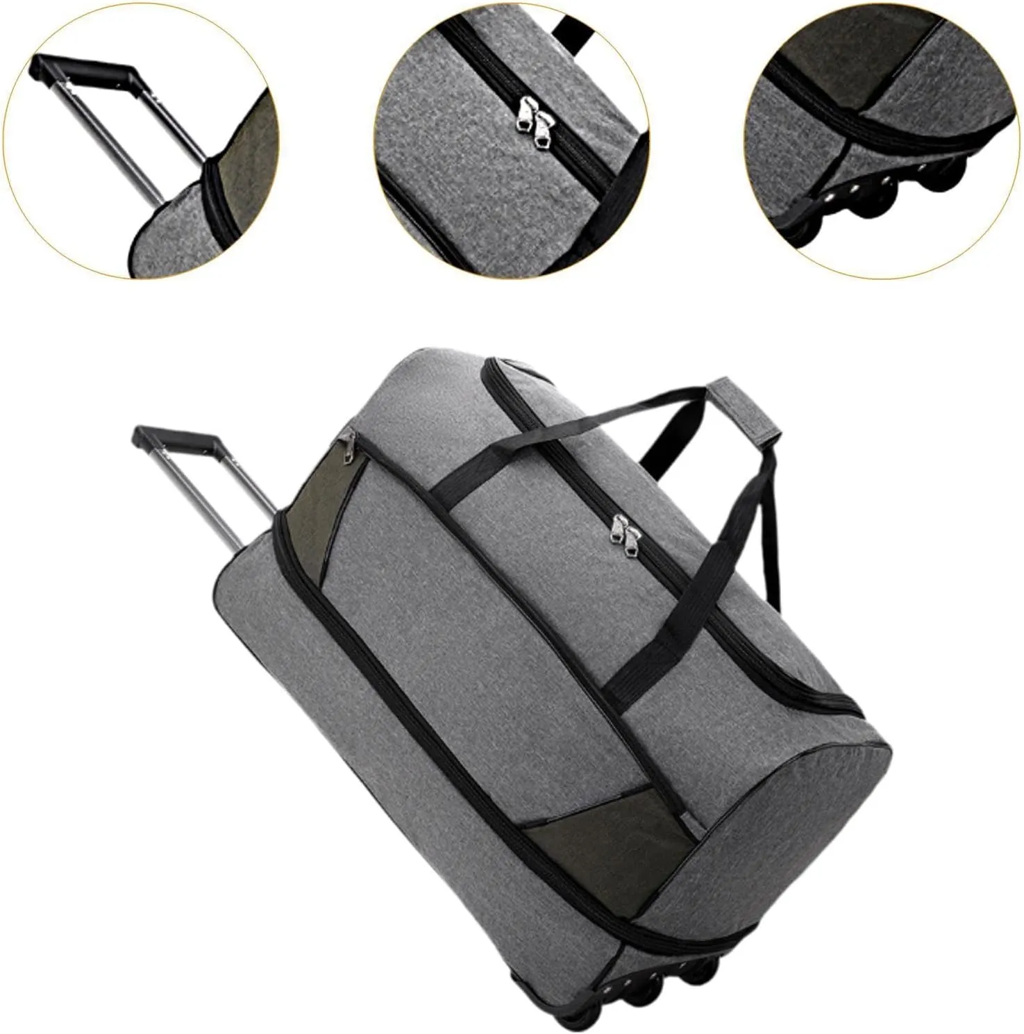 Wheeled Duffel Bag Travel Trolley Bag Foldable Tote Carrying Bag Portable Overnight Bag Luggage Bag for Women Picnic Men Trip, Gray, M
