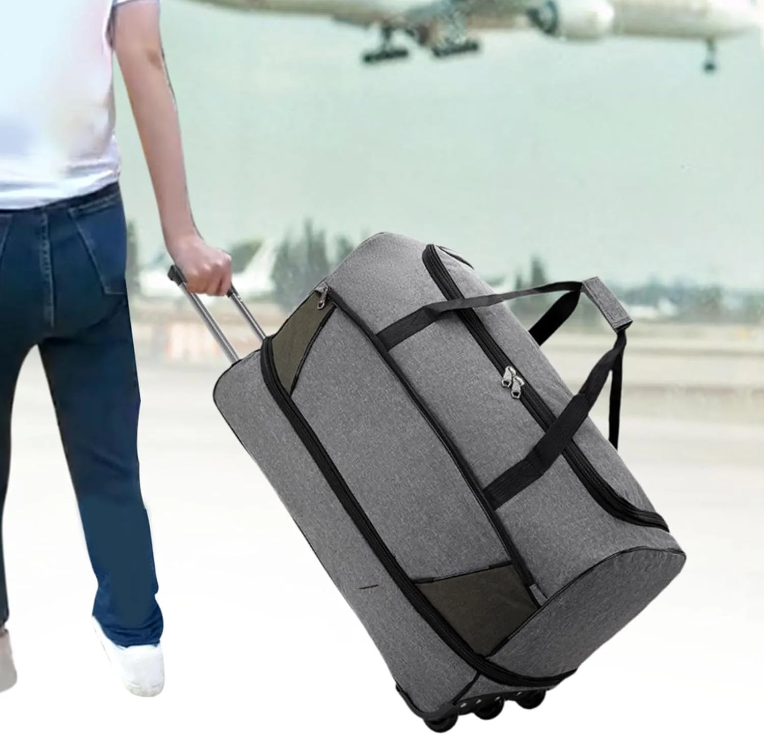 Wheeled Duffel Bag Travel Trolley Bag Foldable Tote Carrying Bag Portable Overnight Bag Luggage Bag for Women Picnic Men Trip, Gray, M