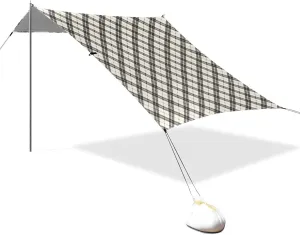 White Black Ginghams Foldable Beach Canopy UPF50 Easy Setup Outdoor Sun Shade with Sand Shovel, Sandbags for Camping, Picnics, Backyard & Fishing
