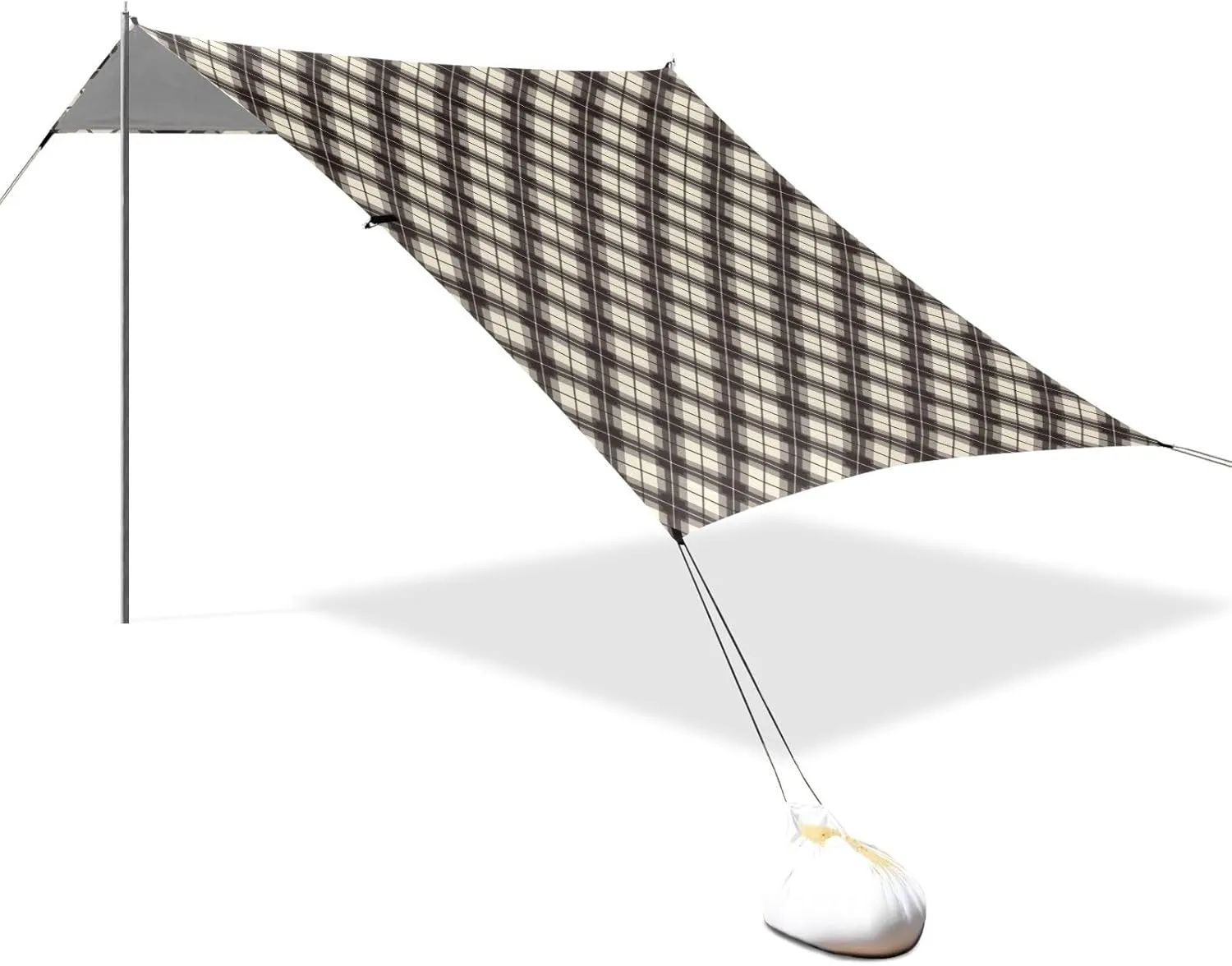 White Buffalo Plaid Check Beach Tent UPF50 Easy Setup Sun Shade with Sand Shovel, Sandbags for Camping, Picnics, Backyard & Fishing