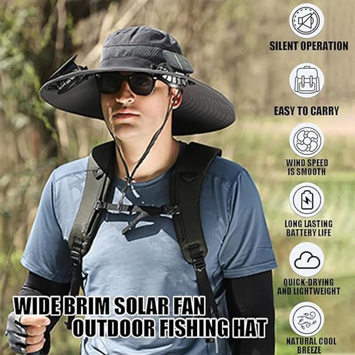 Wide Brim Solar Fan Outdoor Fishing Hat Waterproof Cooling Beach Hat with 2 Fans UPF 50  Unisex Gift Father's Day