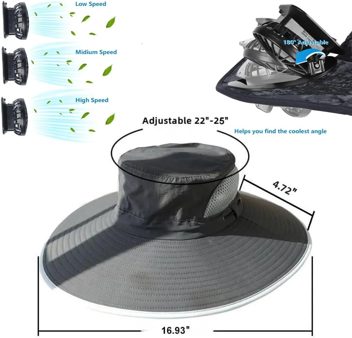 Wide Brim Solar Fan Outdoor Fishing Hat Waterproof Cooling Beach Hat with 2 Fans UPF 50  Unisex Gift Father's Day