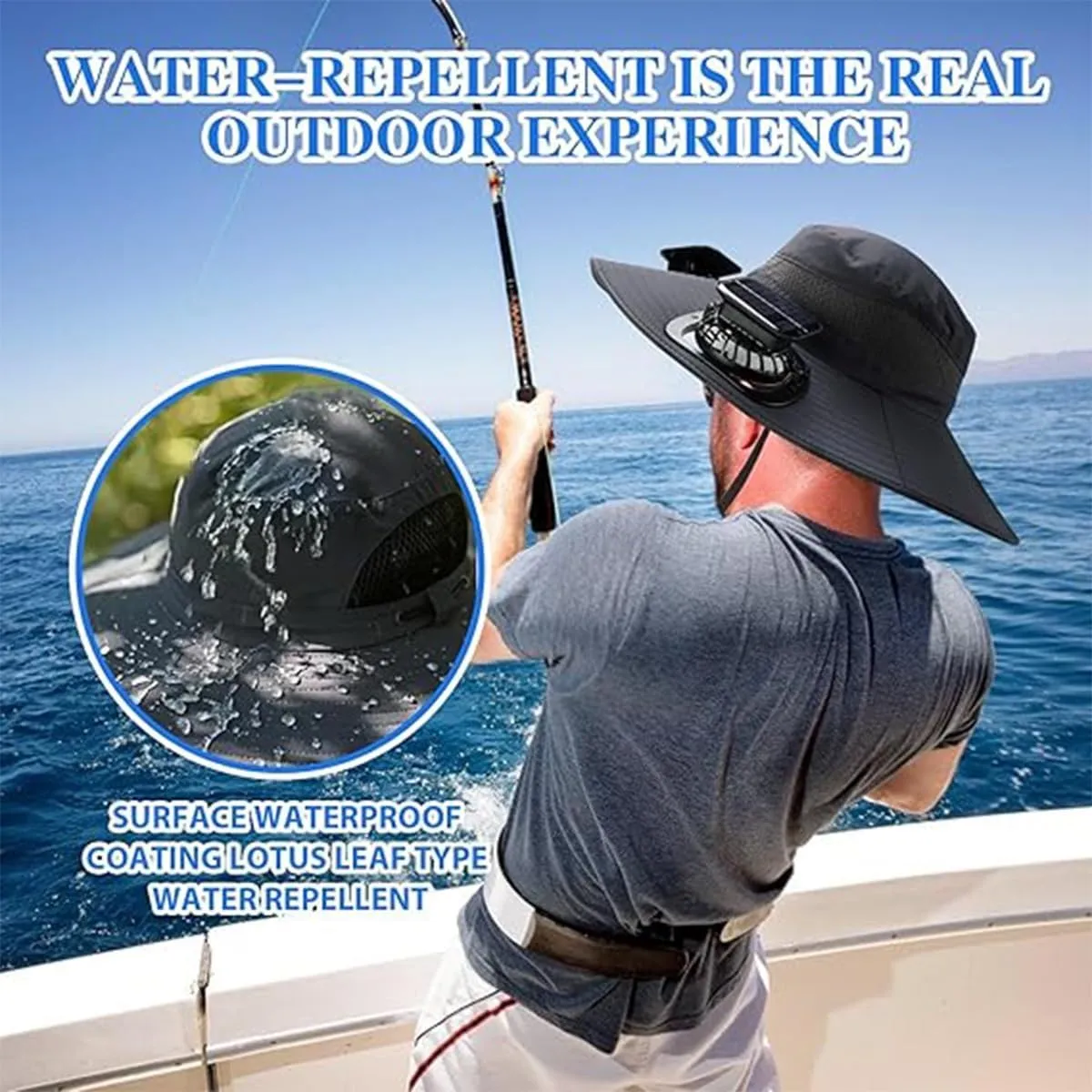Wide Brim Solar Fan Outdoor Fishing Hat Waterproof Cooling Beach Hat with 2 Fans UPF 50  Unisex Gift Father's Day