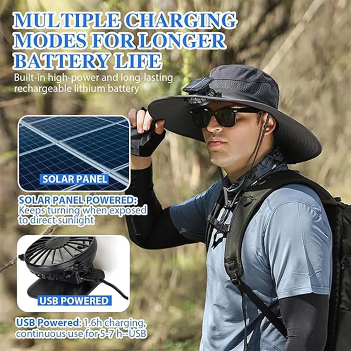Wide Brim Solar Fan Outdoor Fishing Hat Waterproof Cooling Beach Hat with 2 Fans UPF 50  Unisex Gift Father's Day