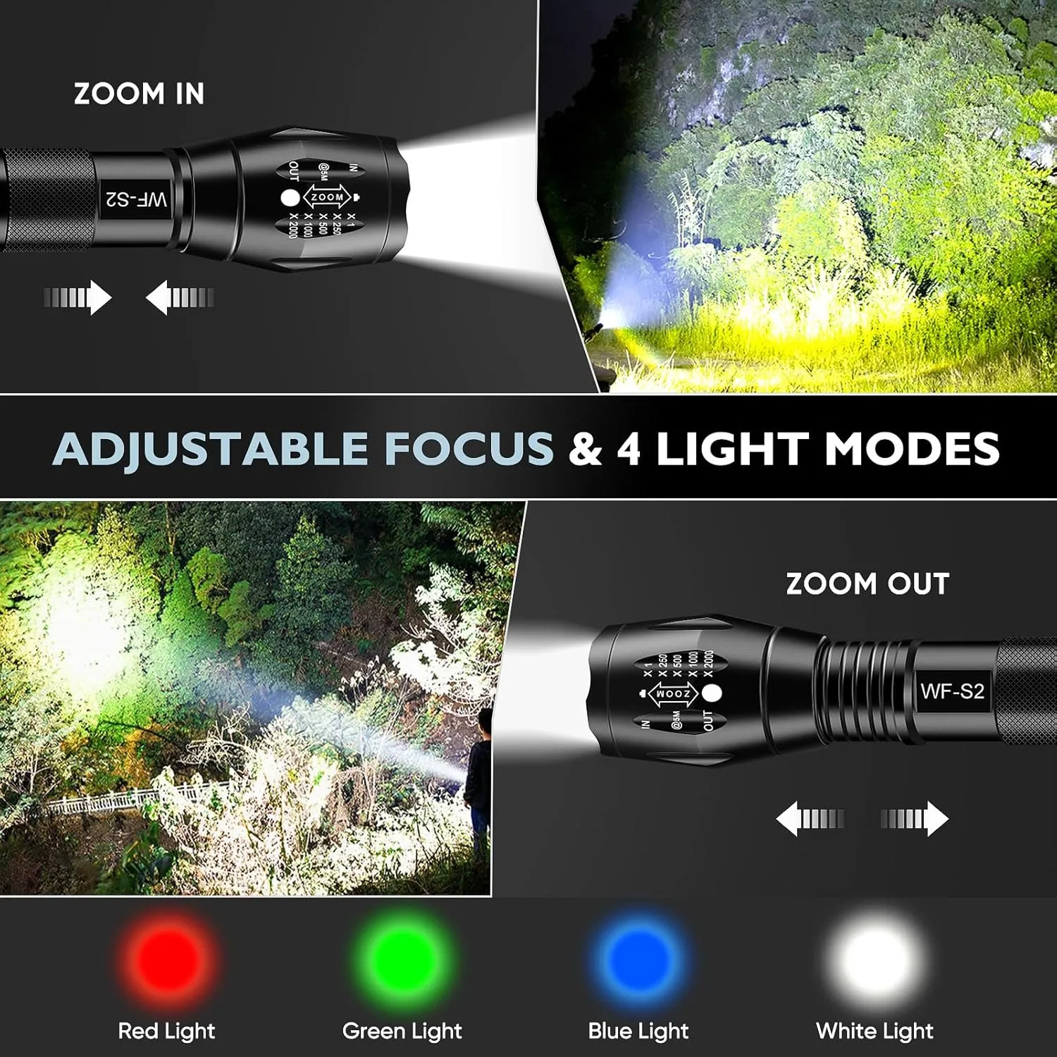 WINDFIRE 4 Color in 1 Tactical Flashlight, Red Green Blue White Light LED Hunting Flashlights with Scope Mount, Waterproof Zoomable Multicolor Flashlight Hog Coyote Fox Predator Light