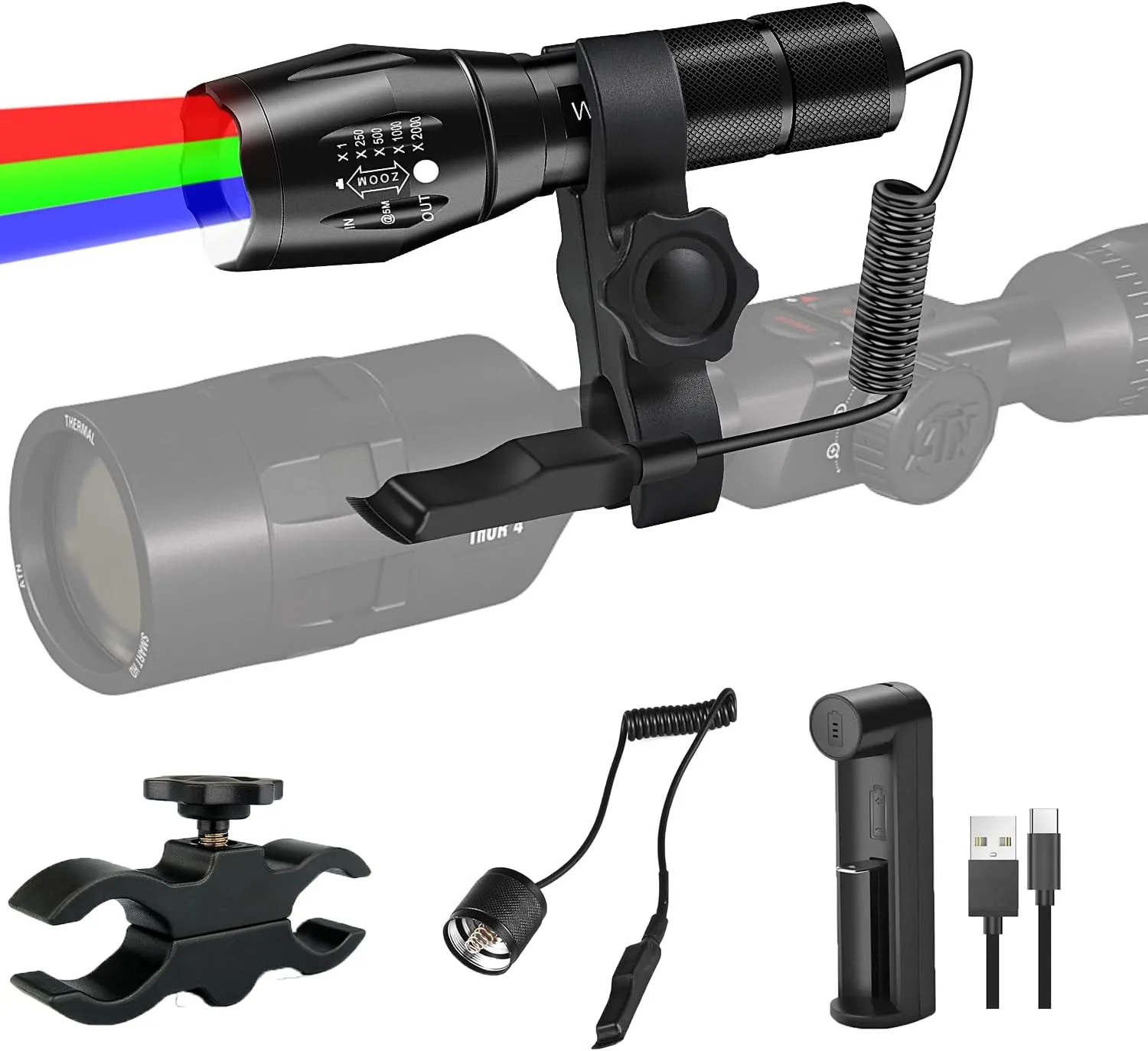 WINDFIRE 4 Color in 1 Tactical Flashlight, Red Green Blue White Light LED Hunting Flashlights with Scope Mount, Waterproof Zoomable Multicolor Flashlight Hog Coyote Fox Predator Light