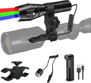 WINDFIRE 4 Color in 1 Tactical Flashlight, Red Green Blue White Light LED Hunting Flashlights with Scope Mount, Waterproof Zoomable Multicolor Flashlight Hog Coyote Fox Predator Light