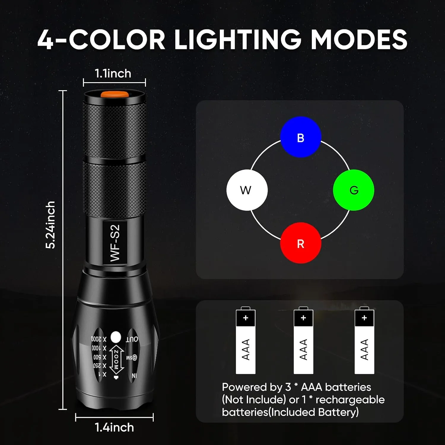 WINDFIRE 4 Color in 1 Tactical Flashlight, Red Green Blue White Light LED Hunting Flashlights with Scope Mount, Waterproof Zoomable Multicolor Flashlight Hog Coyote Fox Predator Light
