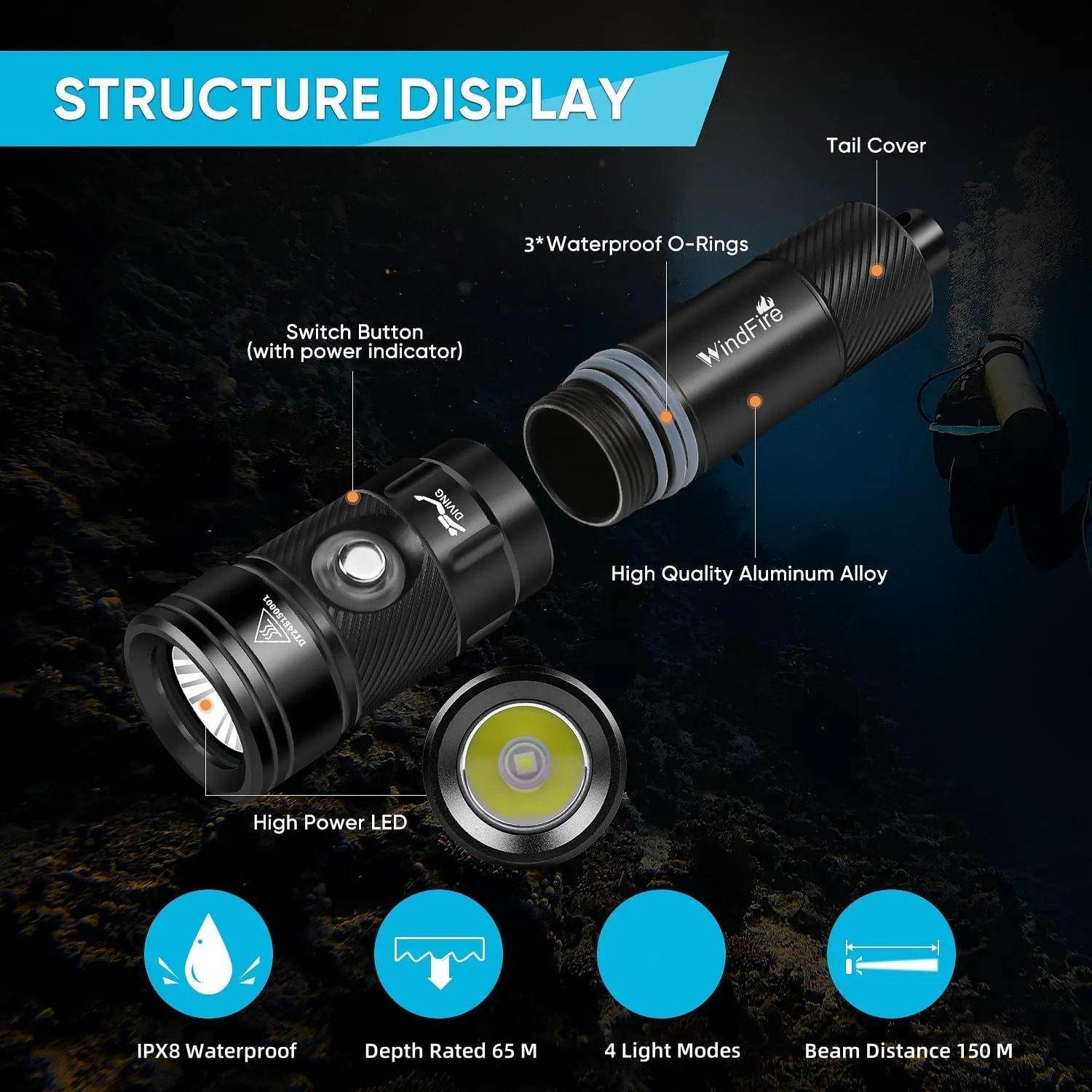 WINDFIRE Dive Light Scuba Diving Flashlight, IPX8 Waterproof Flashlight, 4 Modes Underwater Lights with Power Indicator, Scuba Flash Light Narrow Beam Angle Dive Torch for Snorkeling