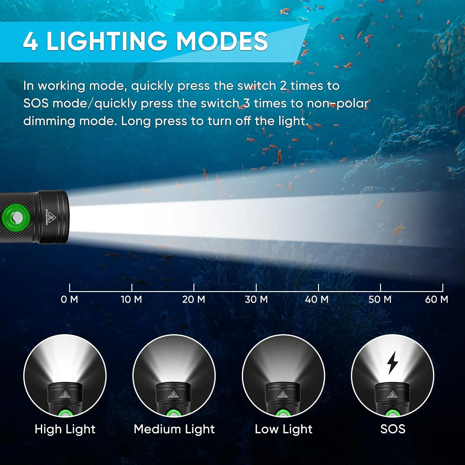 WINDFIRE Dive Light Scuba Diving Flashlight, IPX8 Waterproof Flashlight, 4 Modes Underwater Lights with Power Indicator, Scuba Flash Light Narrow Beam Angle Dive Torch for Snorkeling