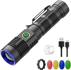 WINDFIRE Multicolor Flashlight 5 in 1 LED Tactical Rechargeable Flashlights High Lumens White Red Green Blue Yellow Light Multicolor Lens 4 Modes Zoomable for Camping Hiking Fishing Hunting