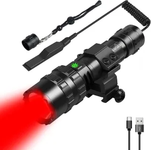 WINDFIRE Red Light Hunting Flashlight 350 Yards Coyote Hog Predator Lights USB Rechargeable Tactical Flashlights with Picatinny Rail Mount, Remote Pressure Switch