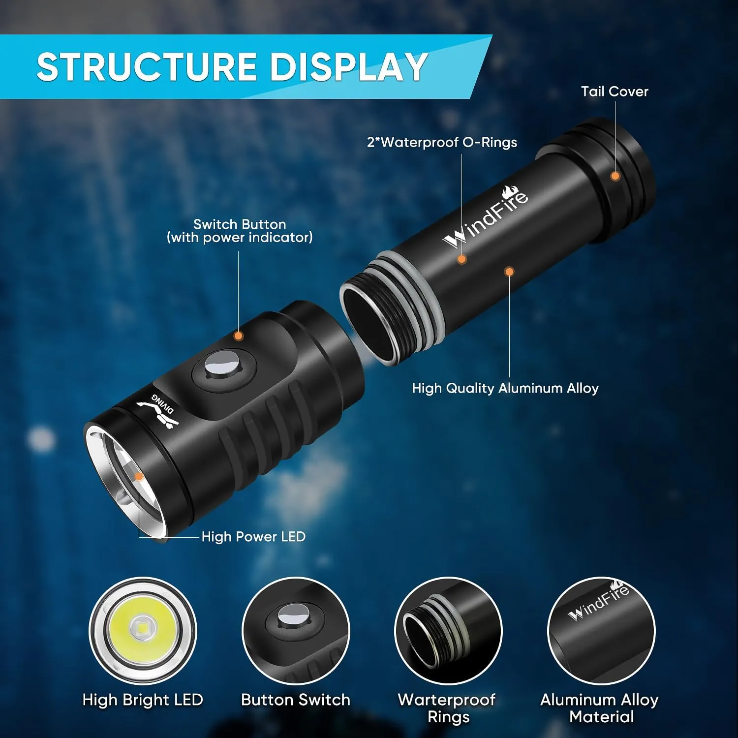 WINDFIRE Super Bright Dive Light Scuba Diving Flashlight Dive Torch Rechargeable, 3 Modes Underwater Light Waterproof Flashlight, Safety Dive Lights Scuba Light with Power Indicator for Night Diving