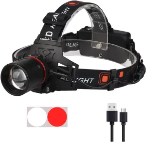 WINDFIRE White Red LED Rechargeable Headlamp, Super Bright Hunting Headlamps, 4 Modes 90° Adjustable Zoomable Headlights for Running, Camping, Hiking, Fishing, Night Vision, Astronomy