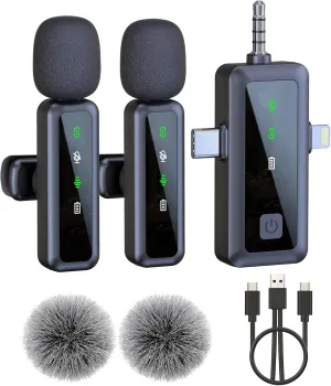 Wireless Lavalier Microphone for iPhone, Android, Camera, 2 Pack Mini Lapel Mic with LED Display and Noise Cancelling, USB-C Microphone for TikTok, YouTube，Vlog Recording