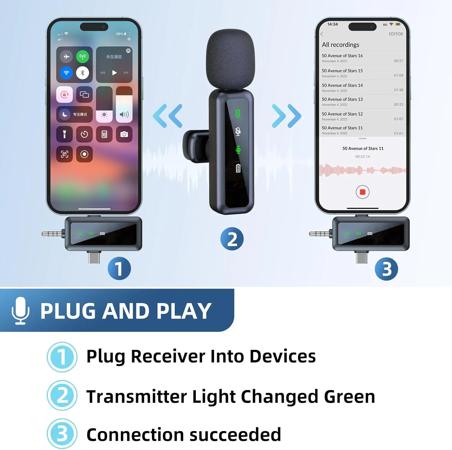 Wireless Lavalier Microphone for iPhone, Android, Camera, 2 Pack Mini Lapel Mic with LED Display and Noise Cancelling, USB-C Microphone for TikTok, YouTube，Vlog Recording
