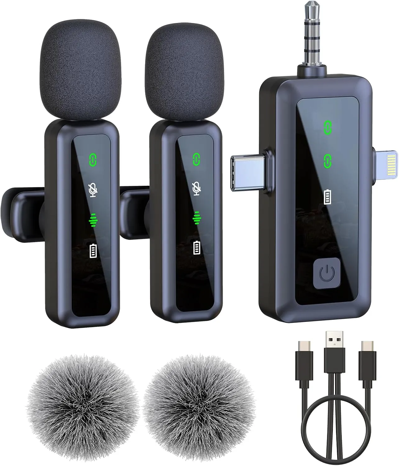 Wireless Lavalier Microphone for iPhone, Android, Camera, 2 Pack Mini Lapel Mic with LED Display and Noise Cancelling, USB-C Microphone for TikTok, YouTube，Vlog Recording