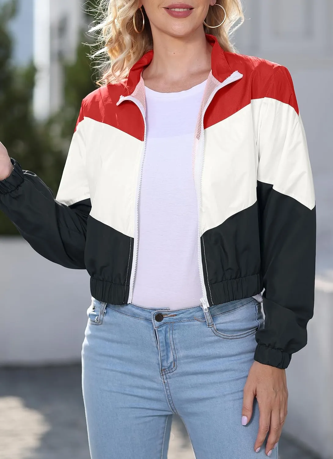 Women’s Lightweight Windbreaker Sport Jacket Zip Up Color Block Coat Casual Long Sleeve Jogging Outerwear
